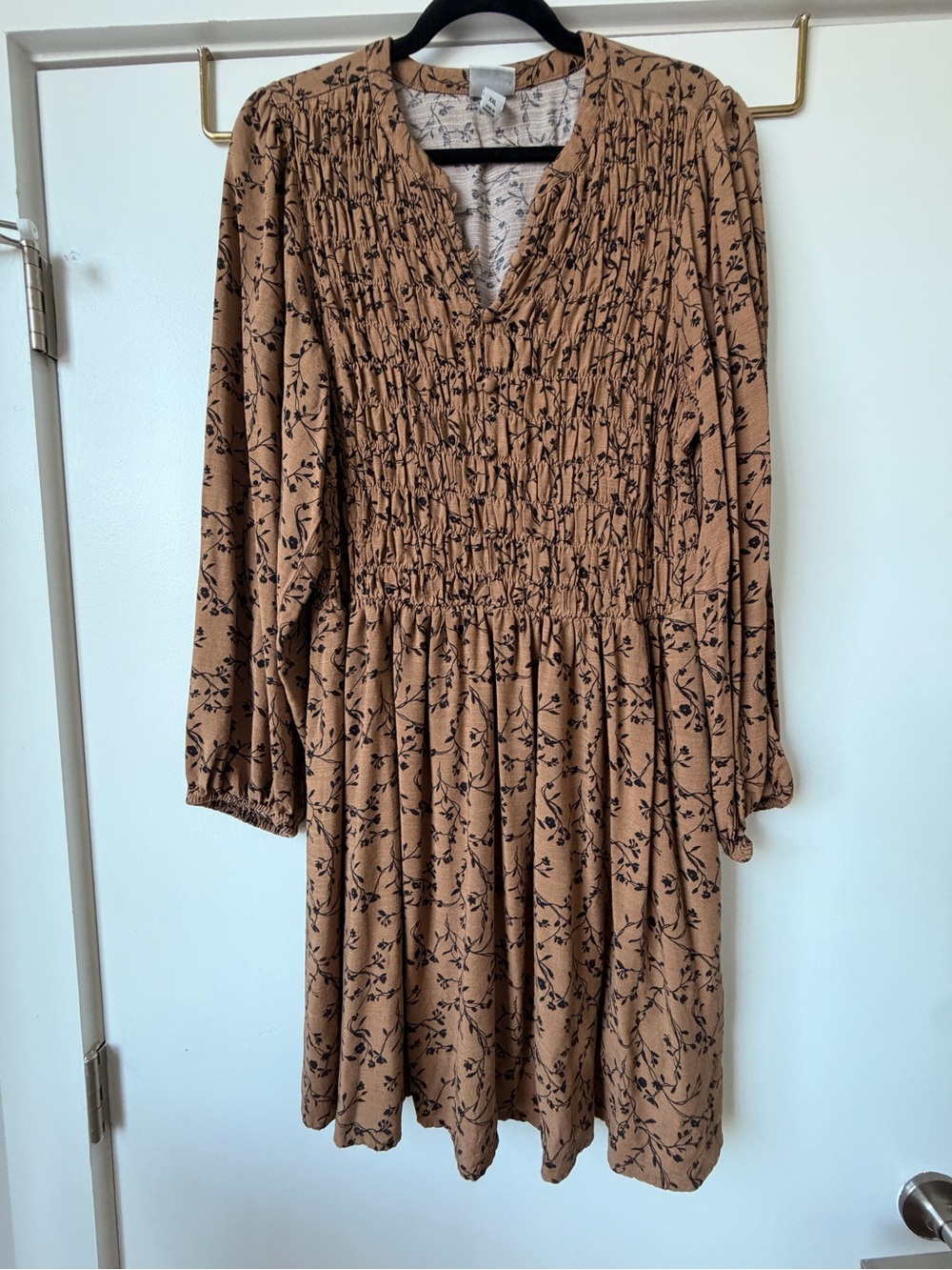 Ava & Viv Tan Floral Smocked Waist Long Sleeve Dress